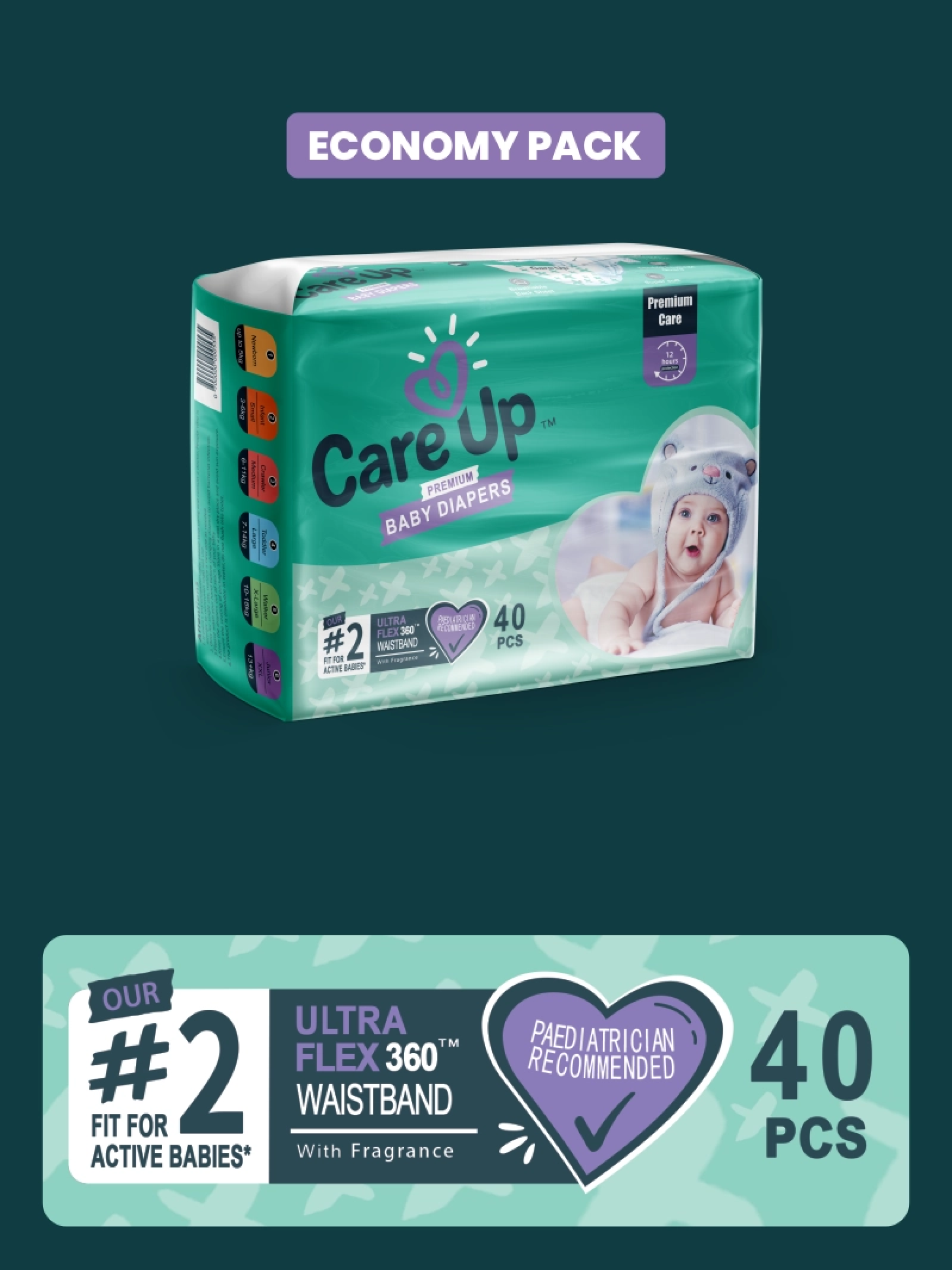  Care Up Premium Baby Diapers - S-2 (Mini) 3-6kg Economy Pack 40 Pcs - Thumbnail